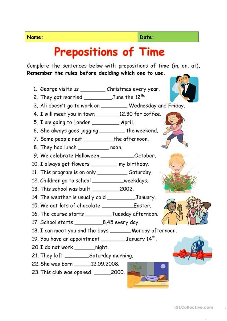 Preposition Of Time Worksheet For Class 6