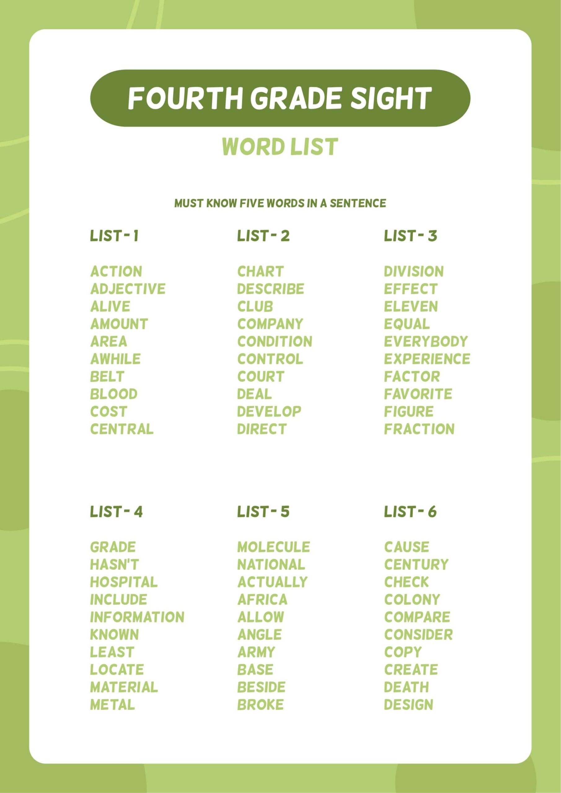 Printable Fourth Grade Sight Words Printable JD