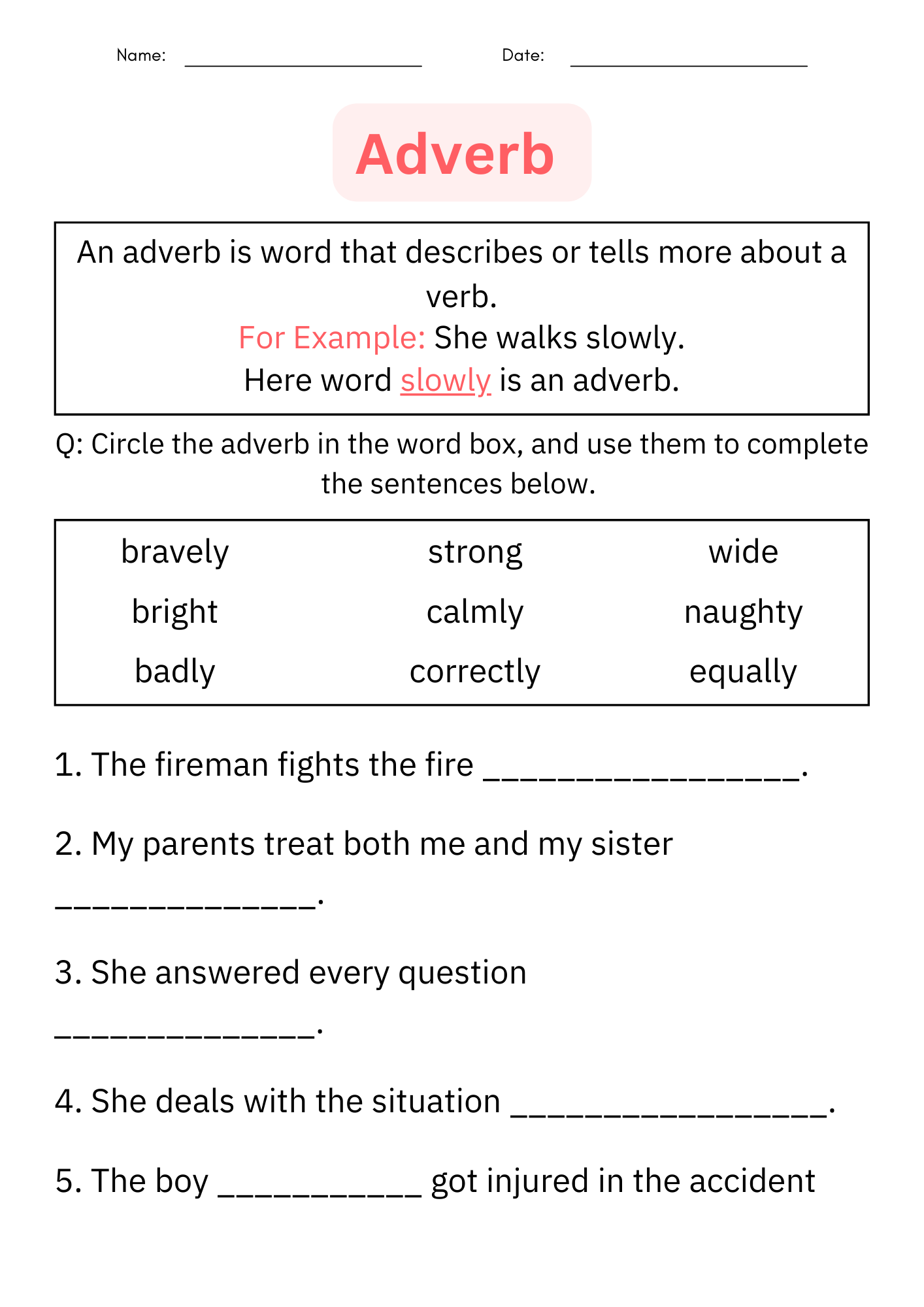 Printable Identifying Adverbs Grammar Worksheet For Kindergarten