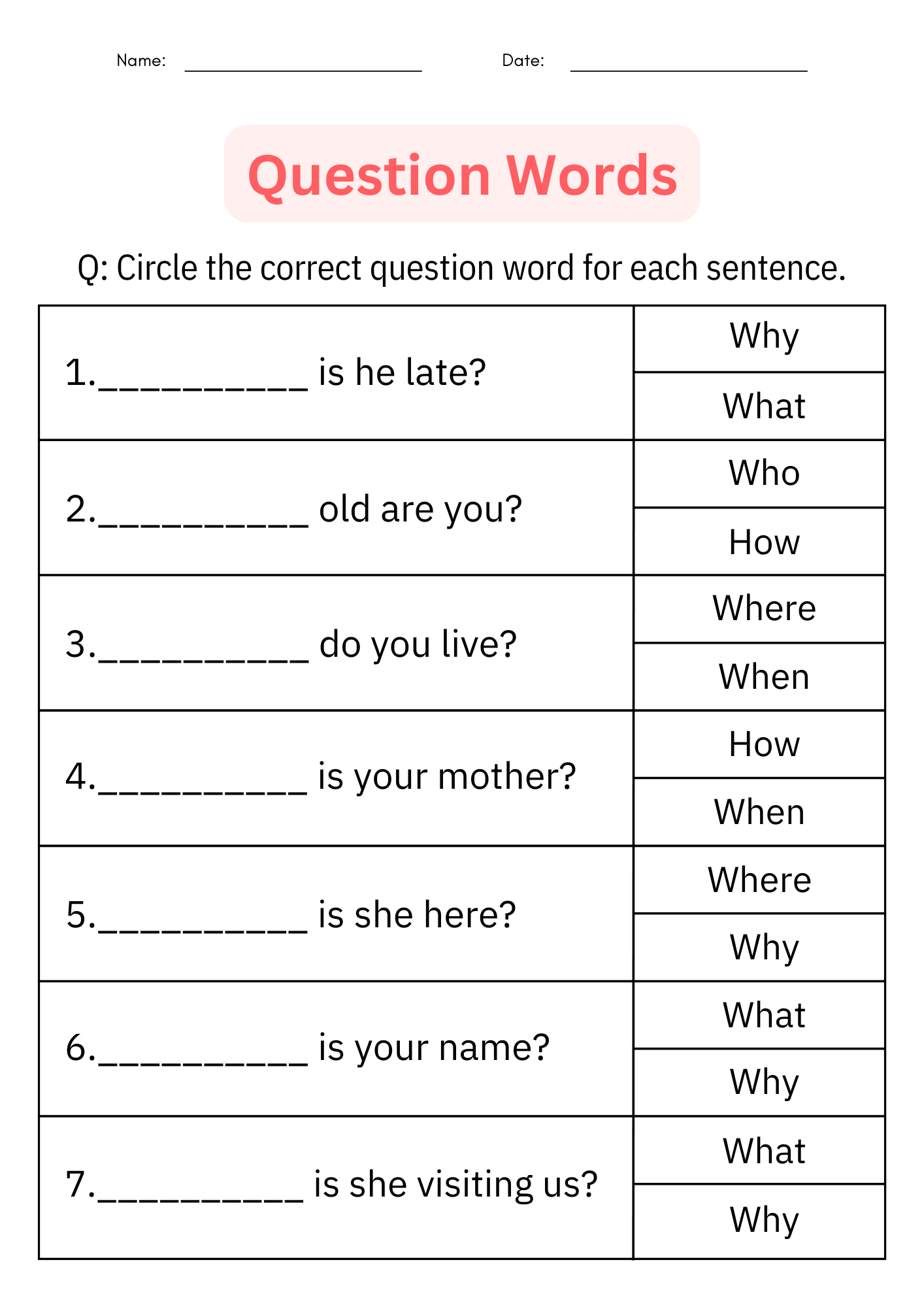 Printable Question Words Practice Worksheets Writing Questions 