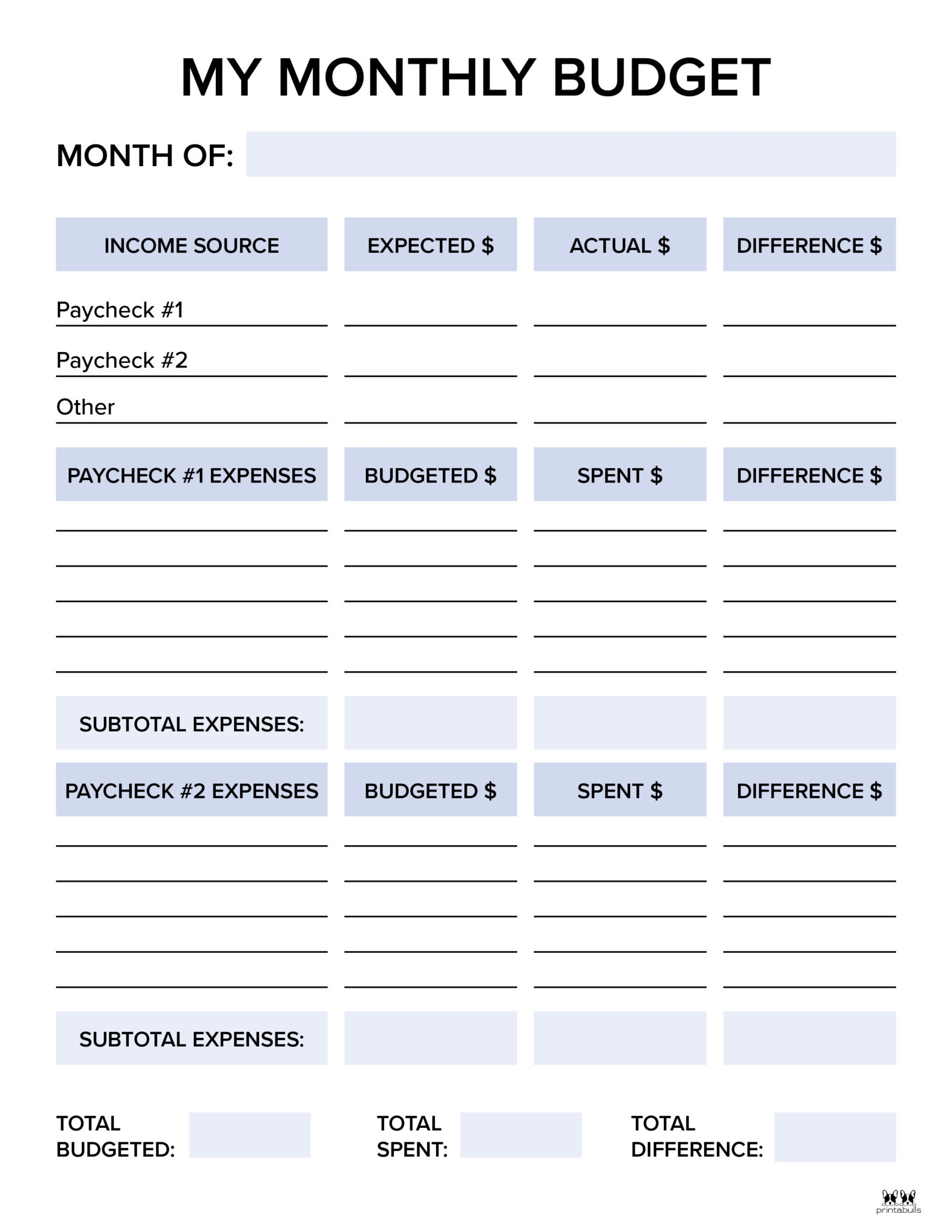 Printable Simple Monthly Budget Template