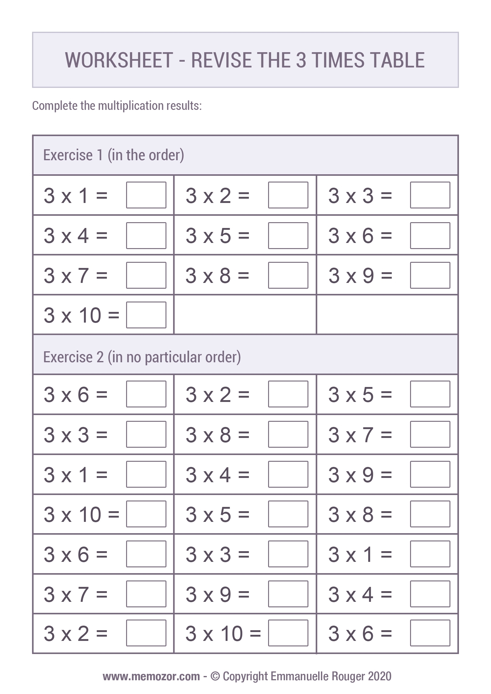 Printable Worksheet Revise The 3 Times Table Memozor Printable Worksheets