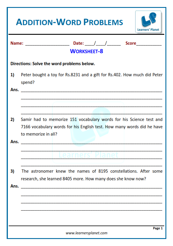 Printable Worksheets On Addition Class 4 Practice Tests Online