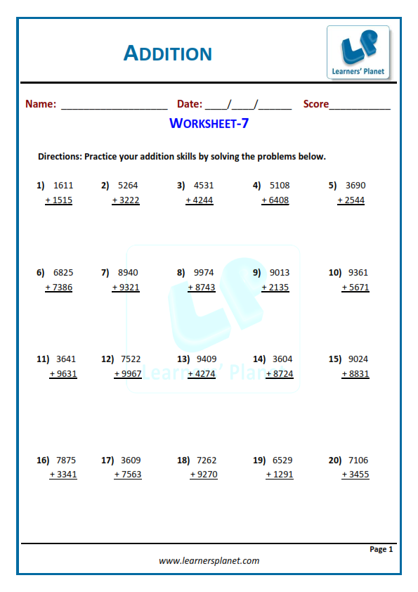 Printable Worksheets On Addition Class 4 Practice Tests Online