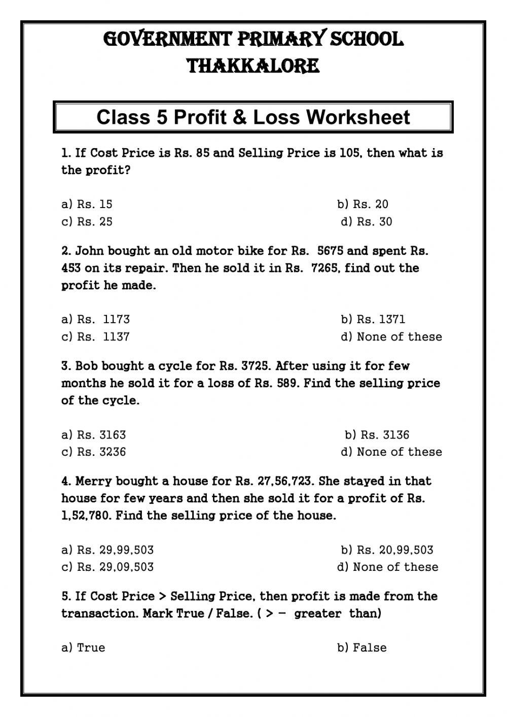 Profit And Loss Activity Live Worksheets Worksheets Library