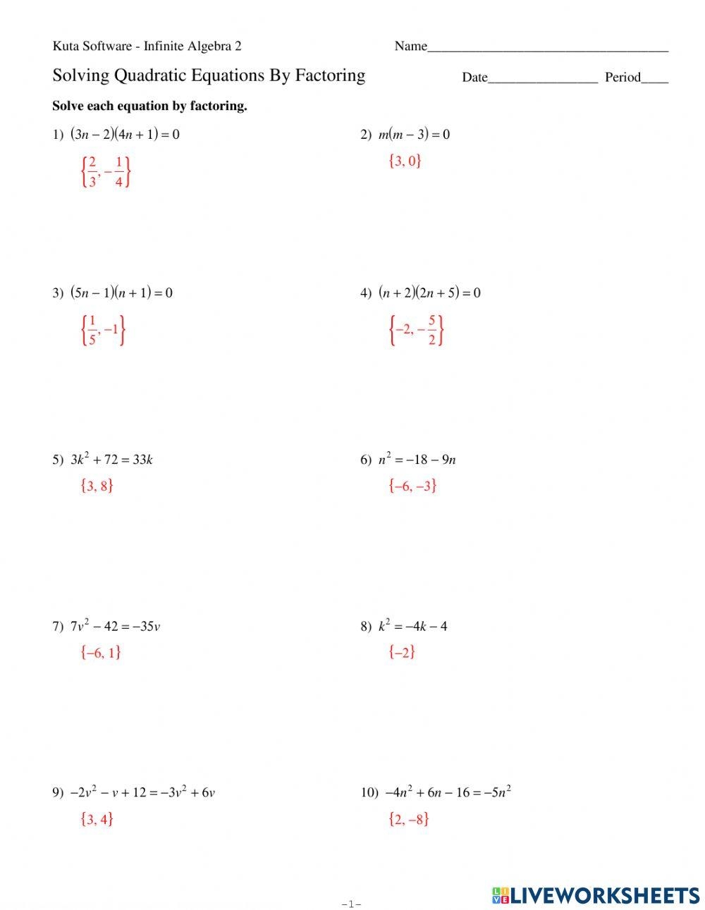 Quadratic Equations Worksheet Live Worksheets Worksheets Library
