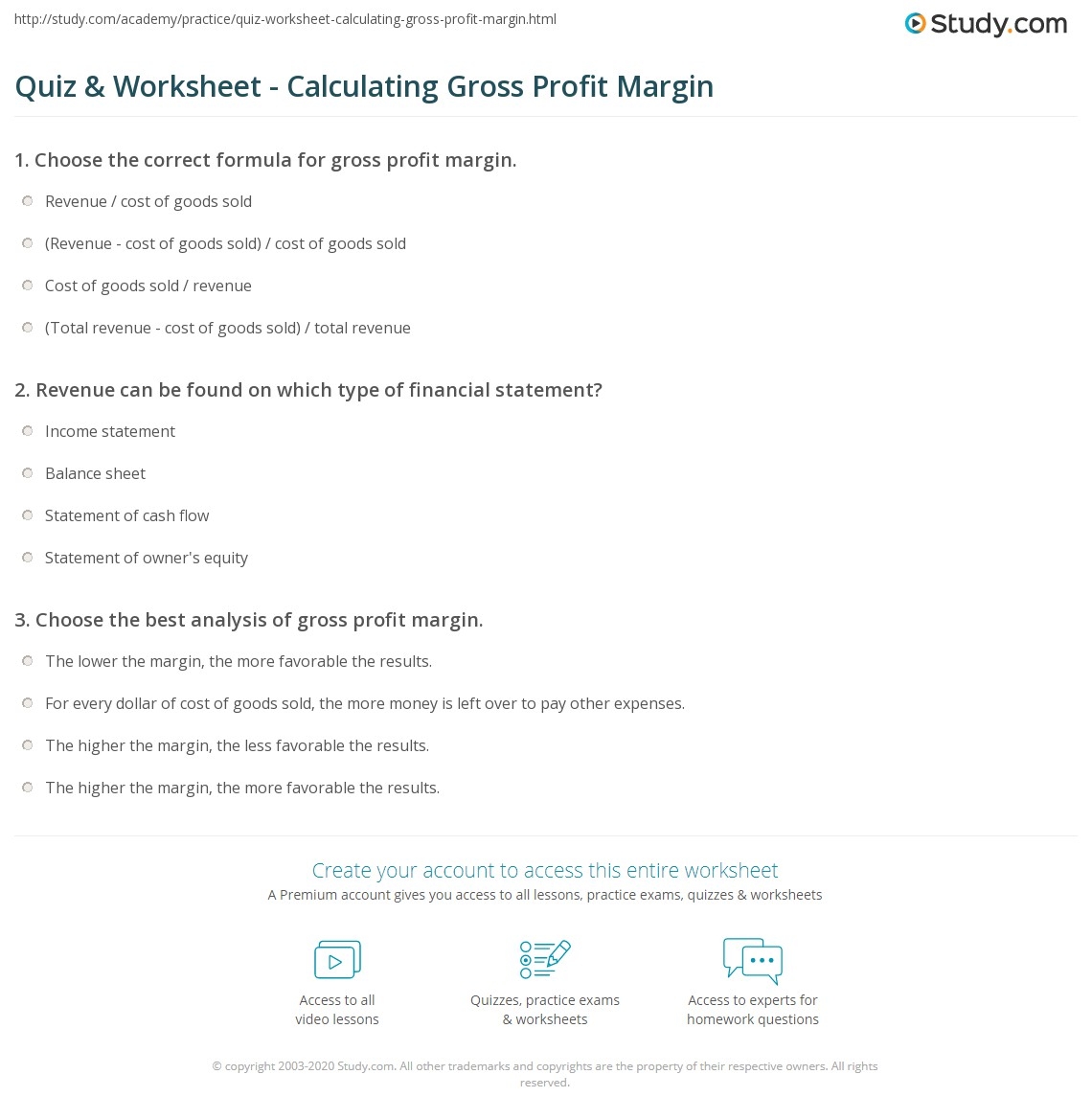 Quiz Worksheet Calculating Gross Profit Margin Study
