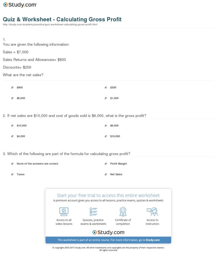 Quiz Worksheet Calculating Gross Profit Study Db excel