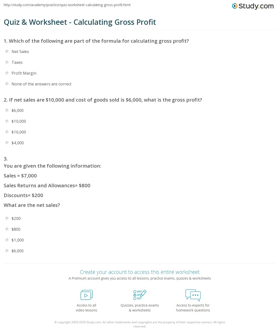 Quiz Worksheet Calculating Gross Profit Study