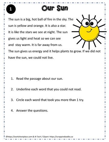 Reading Comprehension About The Sun Worksheets