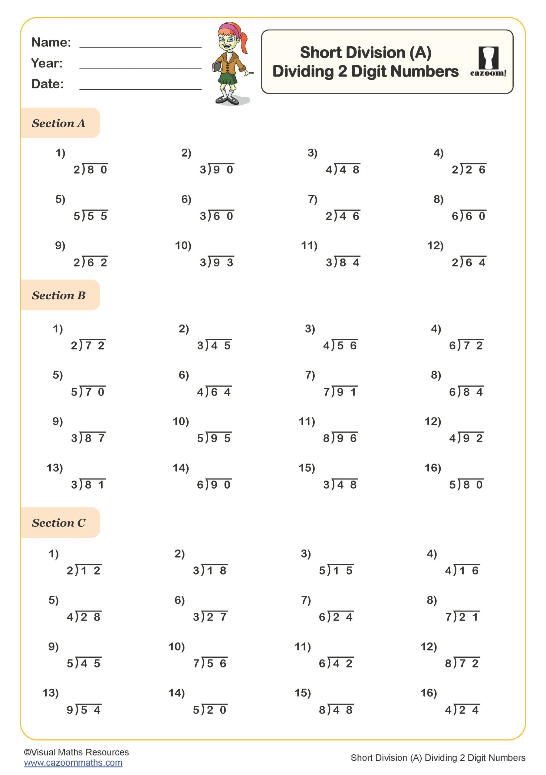 Short Division A Dividing 2 Digit Numbers Worksheet Key Stage 2 PDF 
