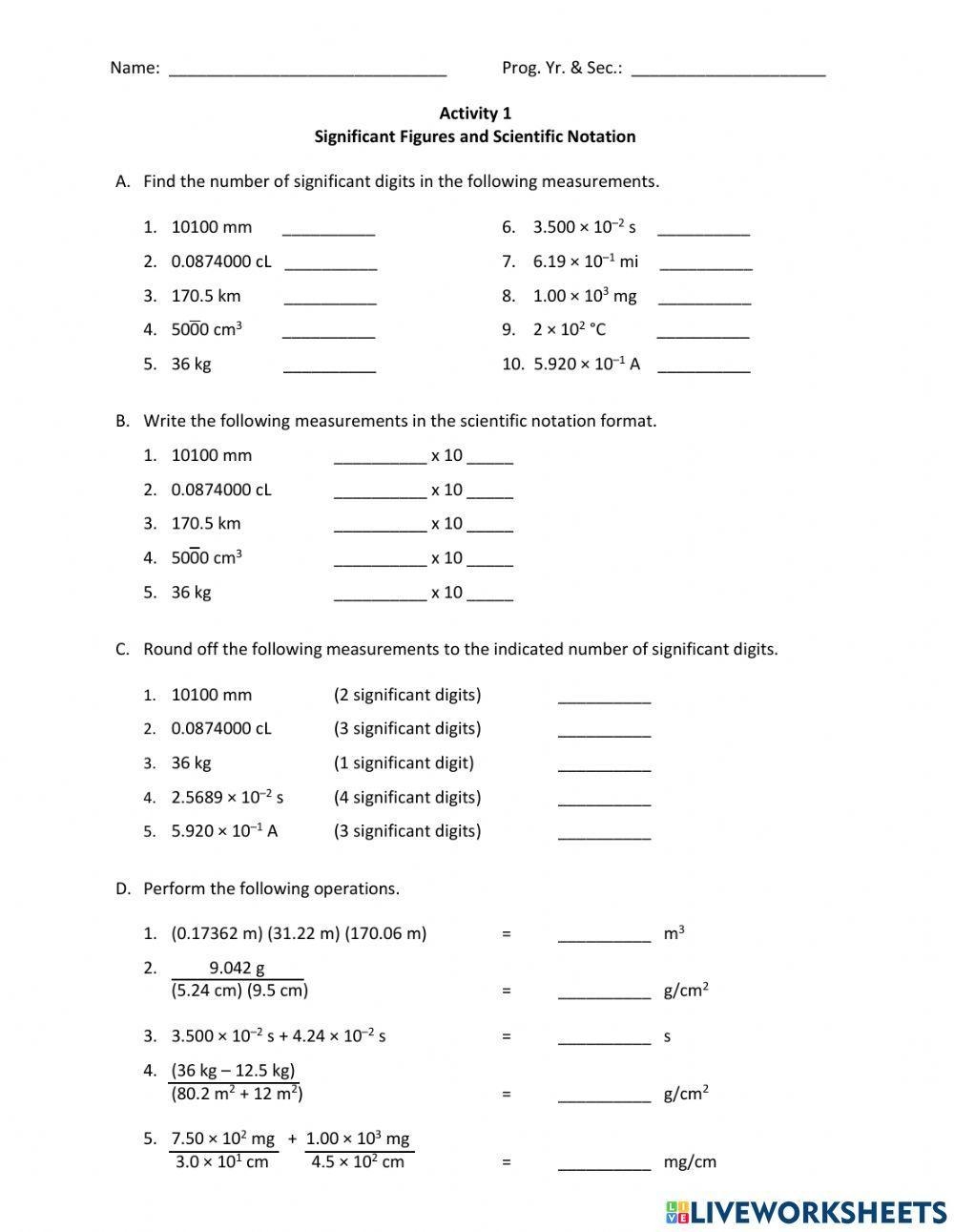 Significant Figures Calculations Worksheet Worksheets Library