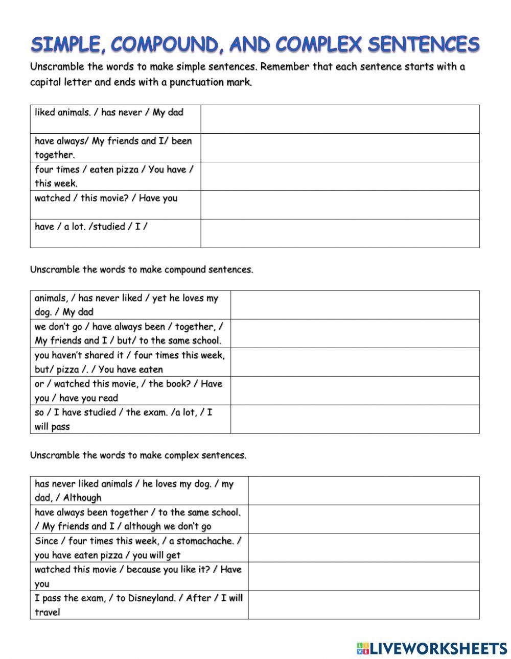 Simple Compound And Complex Sentences Worksheets Worksheets Library