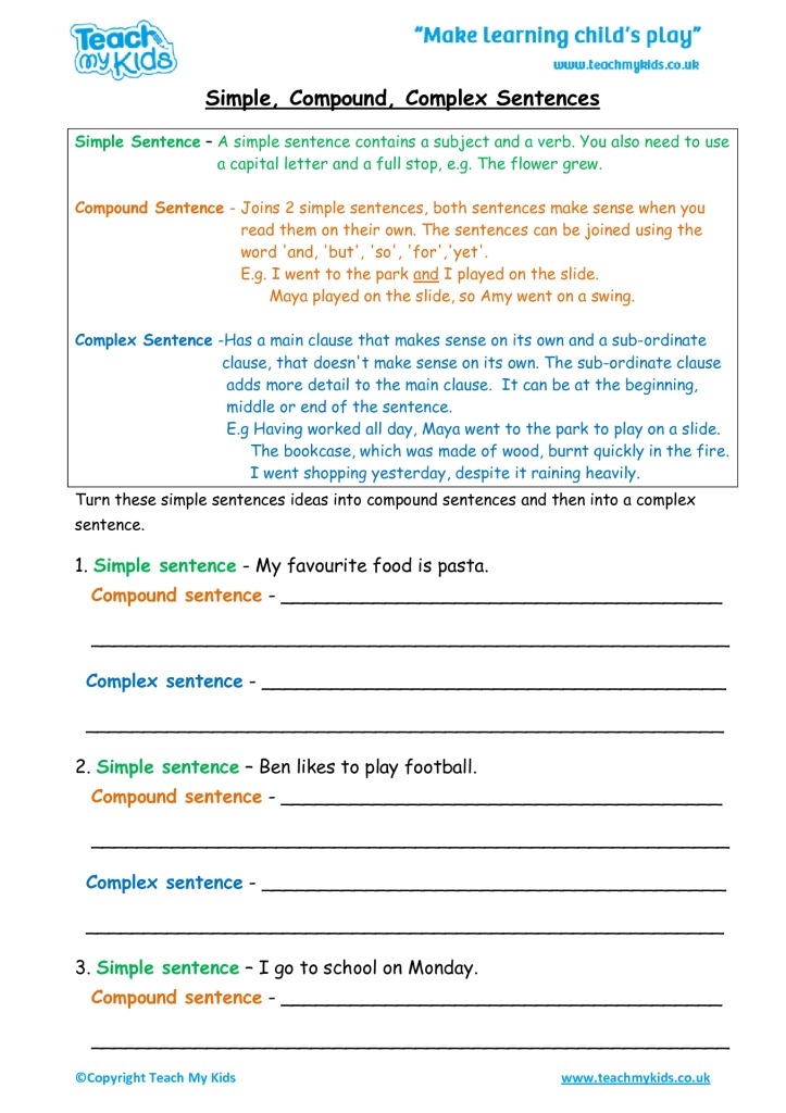 Simple Compound Complex Sentences TMK Education Sentenceworksheets