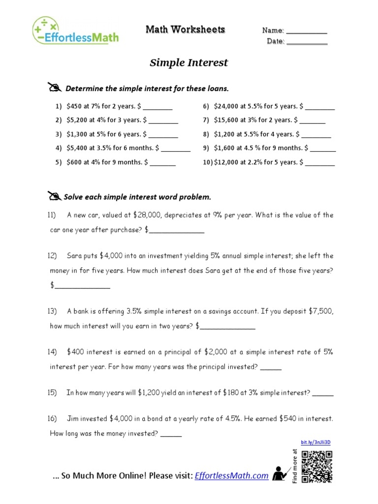 Simple Interest Math Worksheets PDF Interest Political Economy 