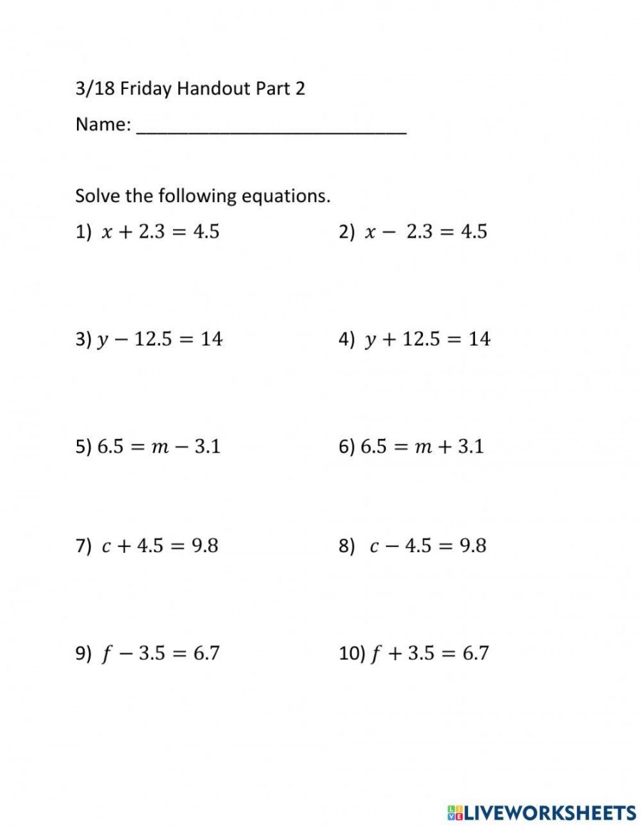 Simple Linear Equations Worksheet Printable PDF Template