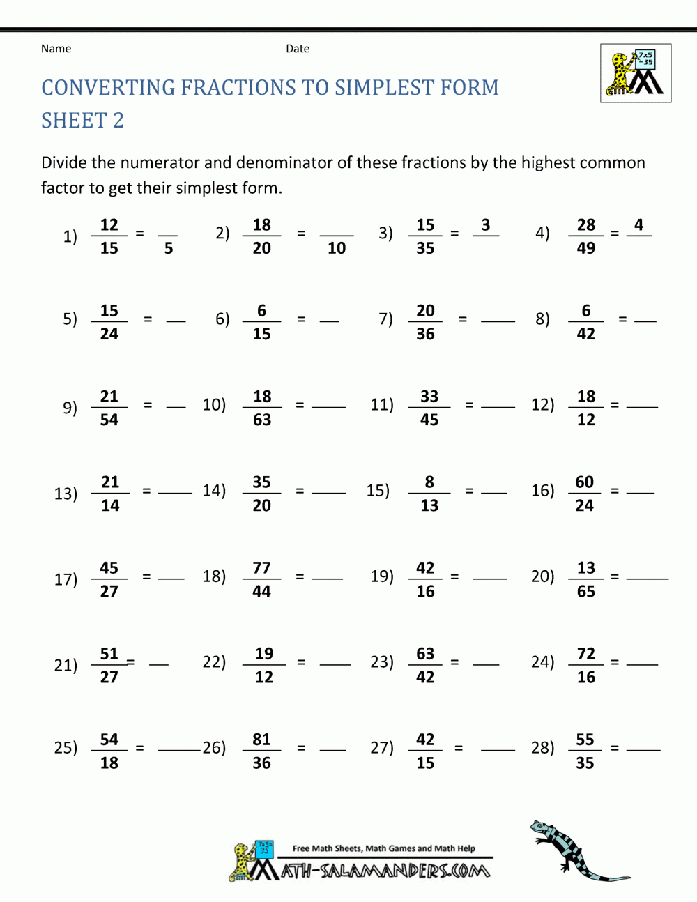 Simplifying Fractions Worksheet