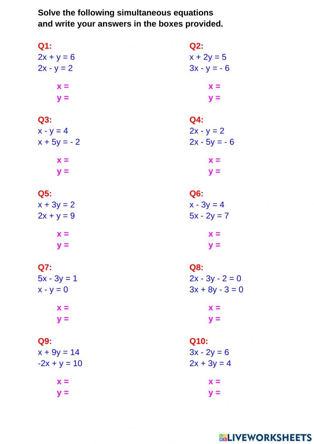Simultaneous Equations Activity Live Worksheets Worksheets Library