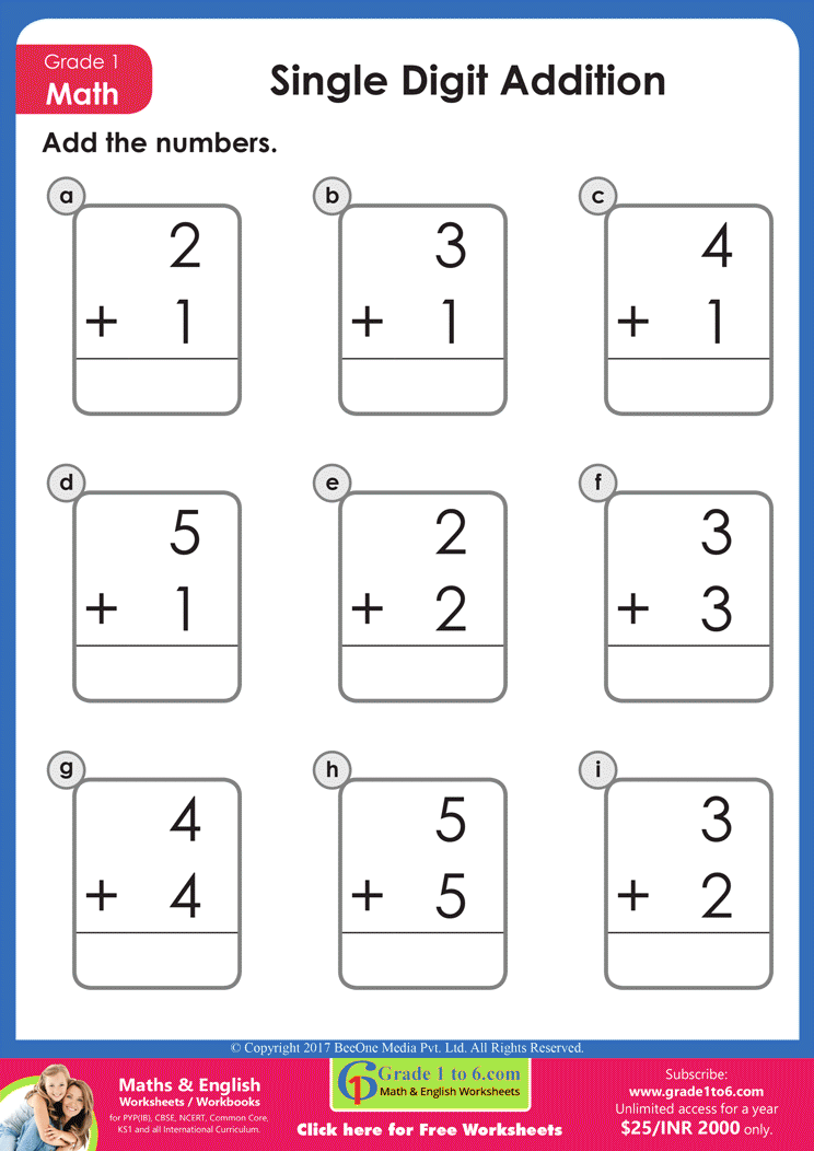 Single Digit Addition Worksheets For Grade 1 Worksheets Library