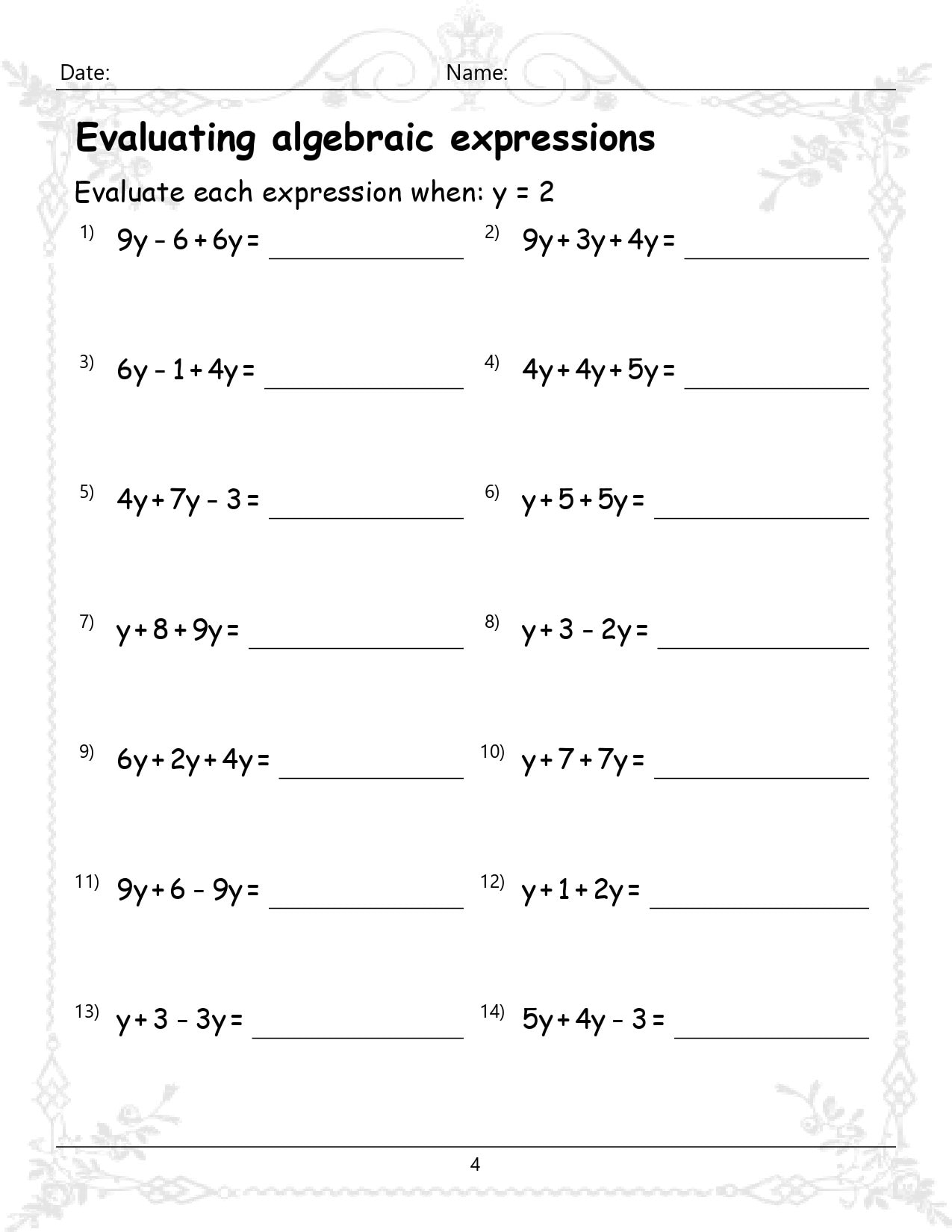 Solving Algebraic Expressions Worksheet Digital Worksheets Library