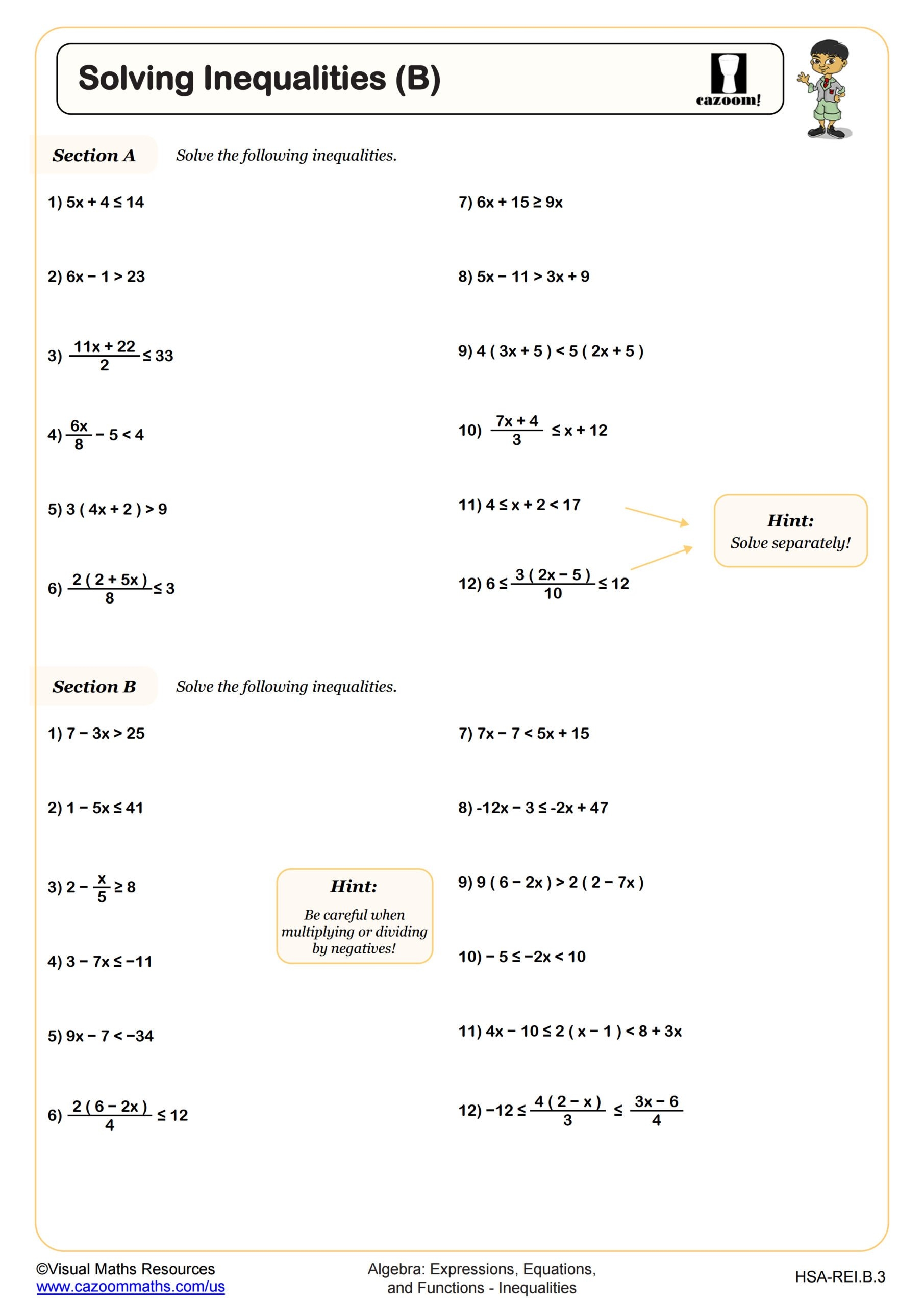 Solving Inequalities B Worksheet PDF Printable Algebra Worksheet