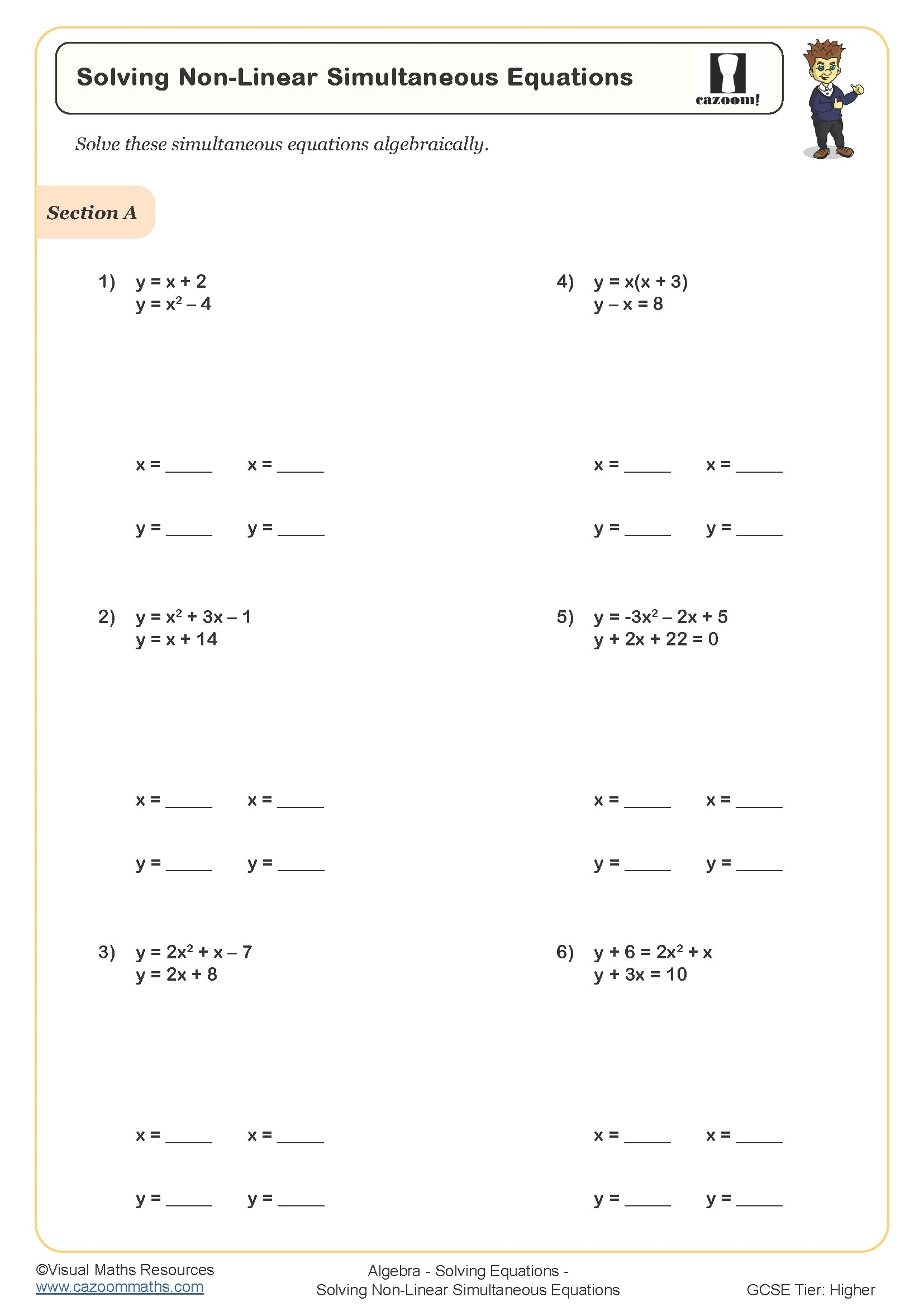 Solving Non linear Simultaneous Equations Worksheet Printable 