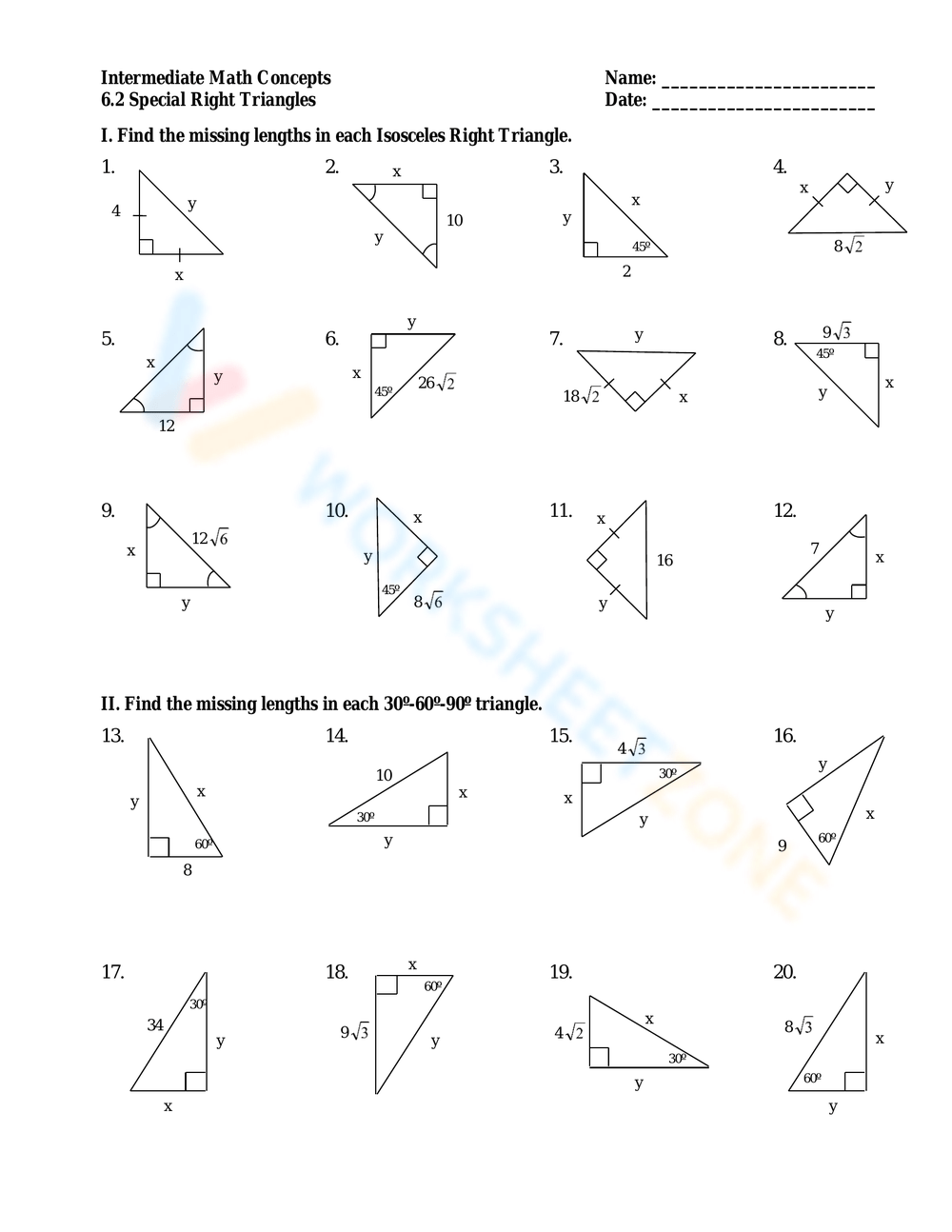 Special Right Triangles 30 6 90 Worksheet Worksheets Library