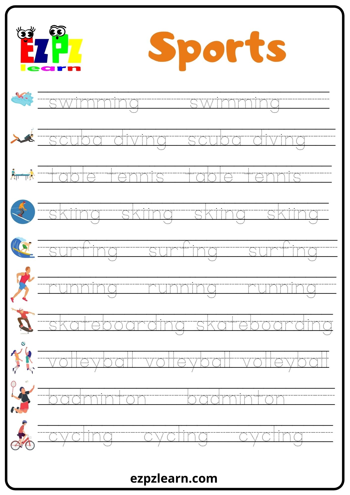 Sports Set1 Word Tracing Worksheet Ezpzlearn Worksheets Library