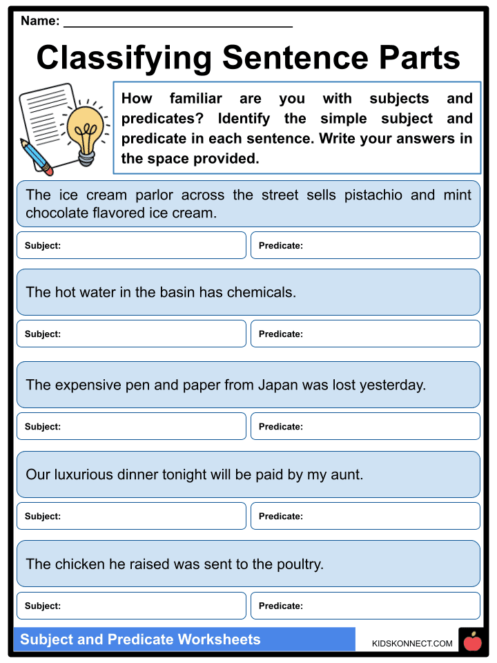 Subject And Predicate Examples And Worksheets KidsKonnect 
