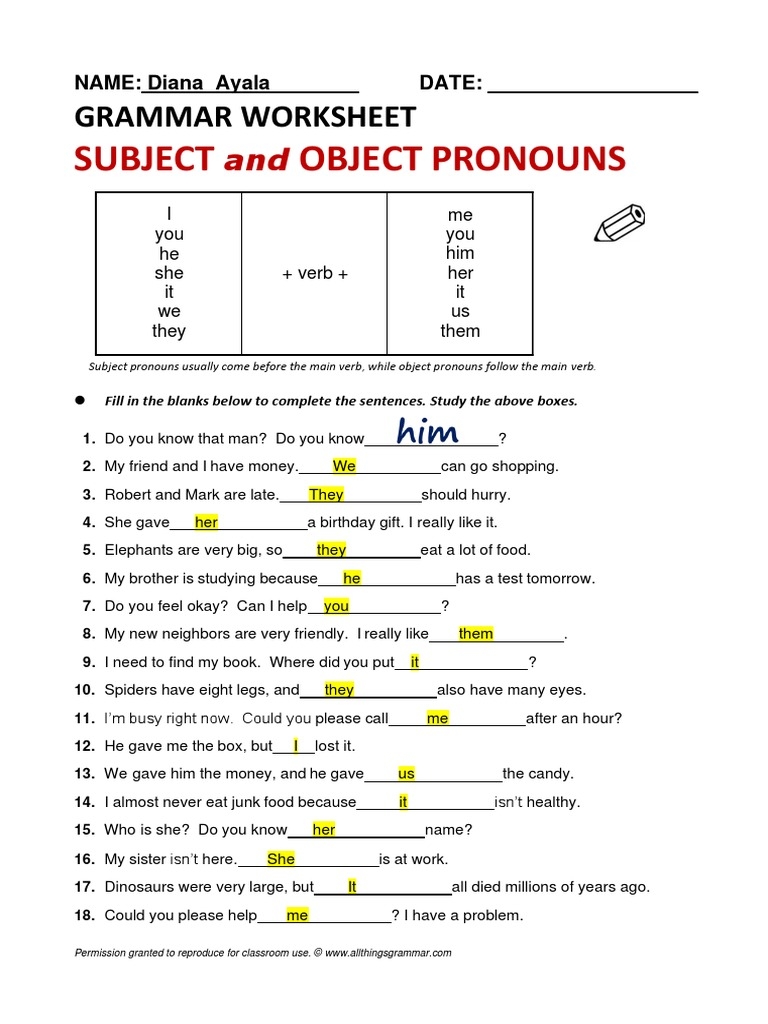 Subject Object Pronouns Grammar Worksheet PDF Language 