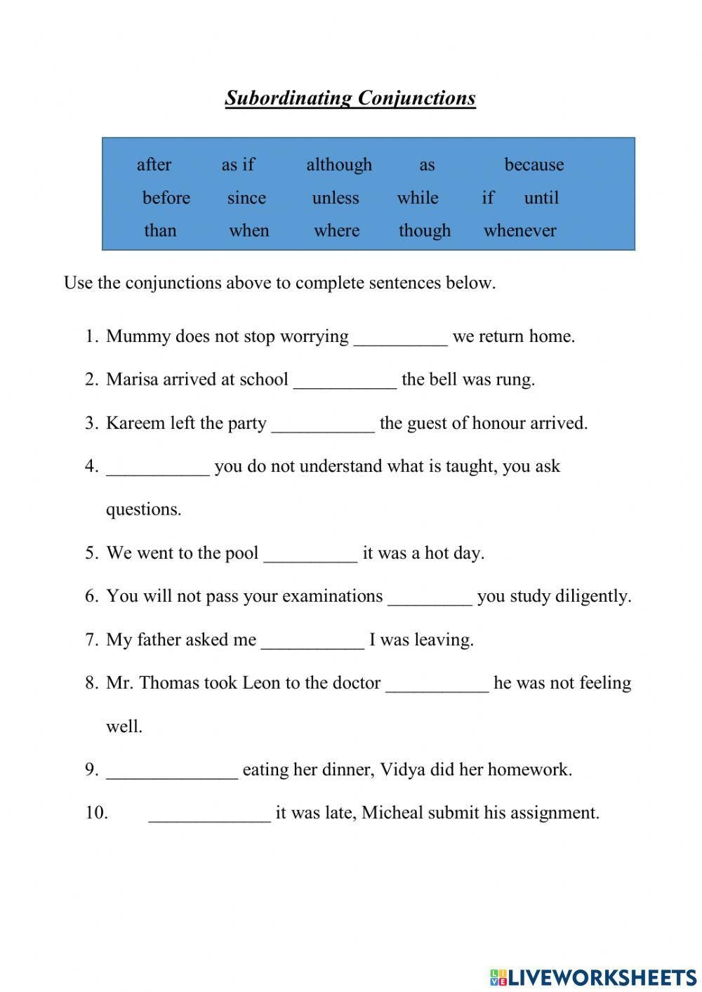 Subordinating Conjunctions Interactive Exercise Live Worksheets 