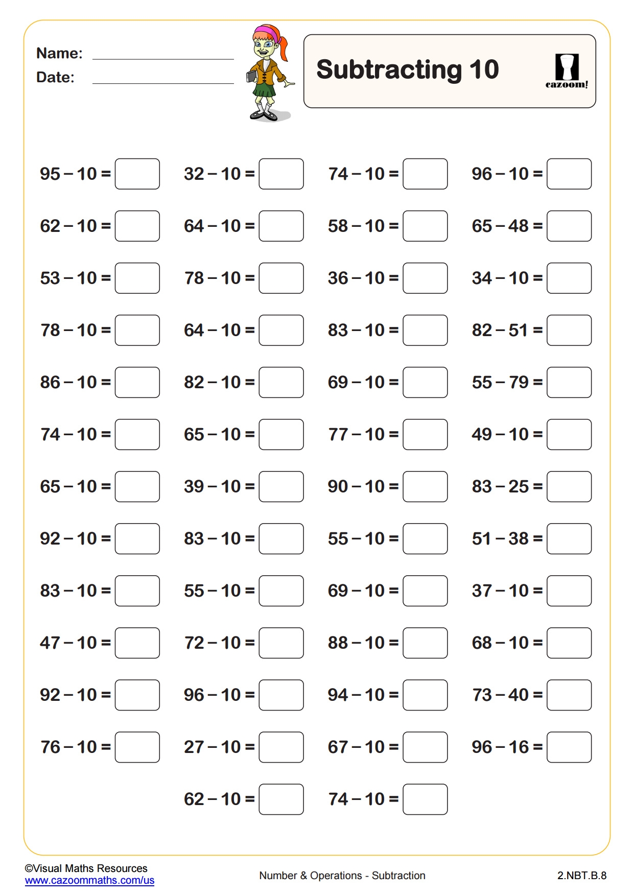 Subtracting 10 50 Questions PDF Printable Number And 
