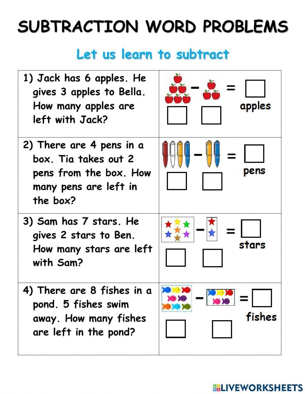 Subtraction Word Problems Online Worksheet Live Worksheets 