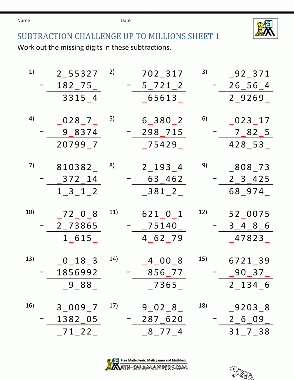 Subtraction Worksheets Grade 5
