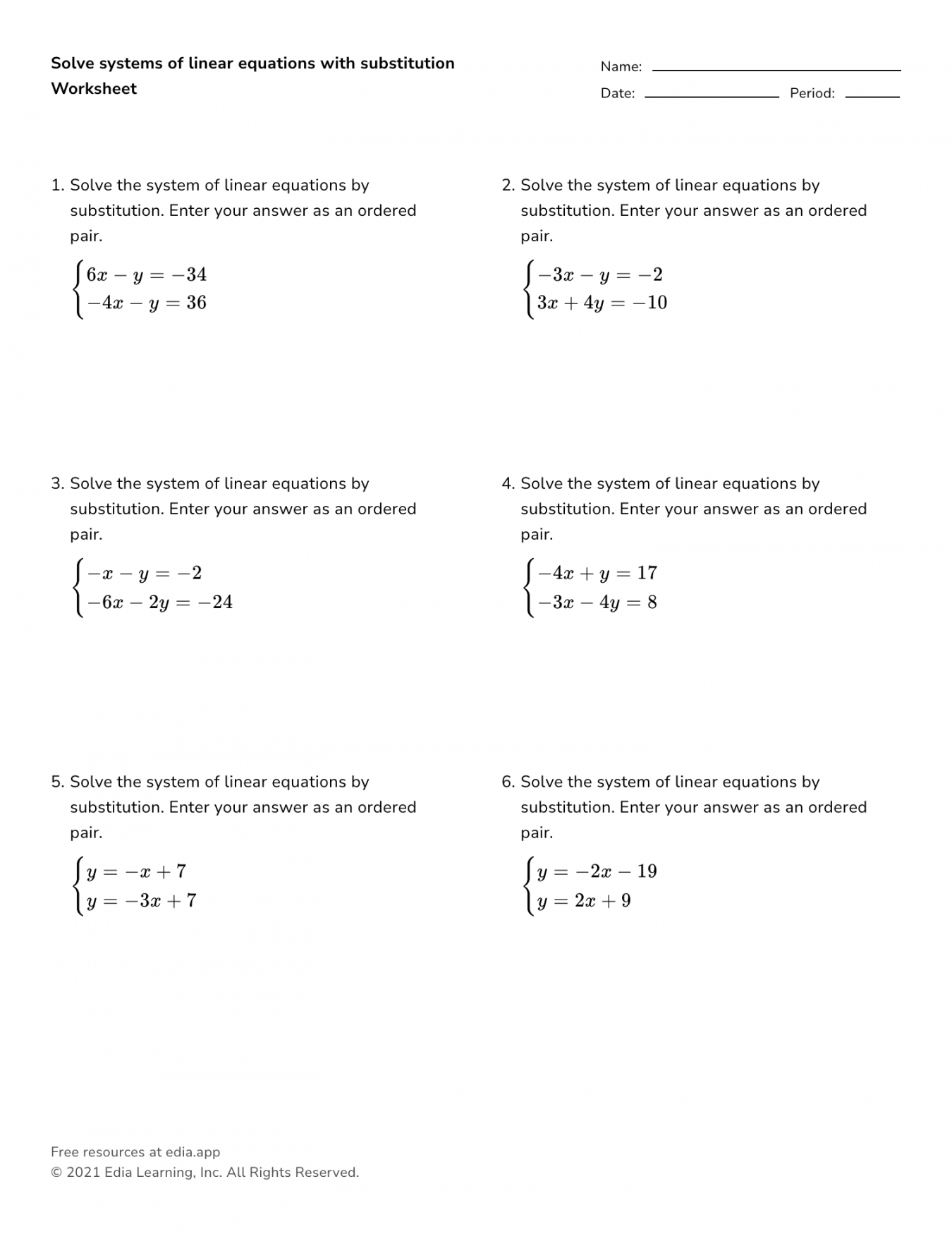 System Of Equations Substitution Worksheet Printable PDF Template