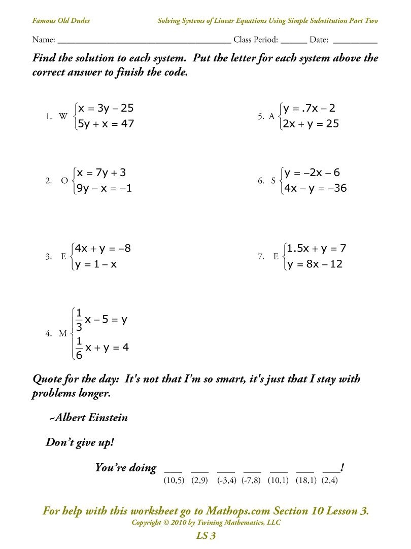 Systems Of Equations Substitution Worksheet Easy Equations Worksheets