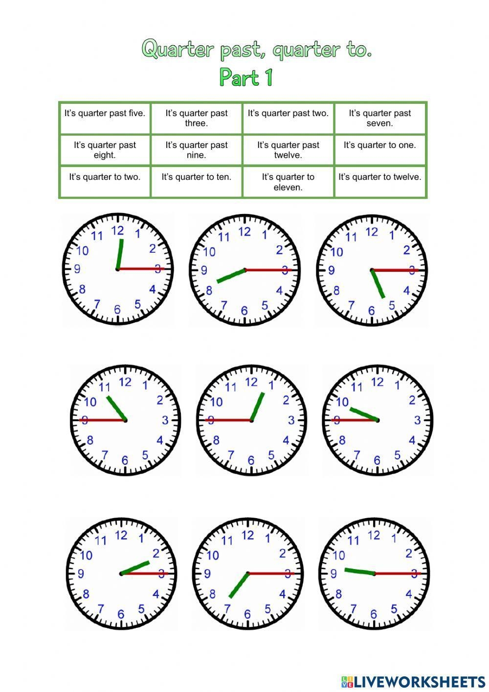 Telling Time Worksheets Quarter Hours Pack 5 Worksheets Library
