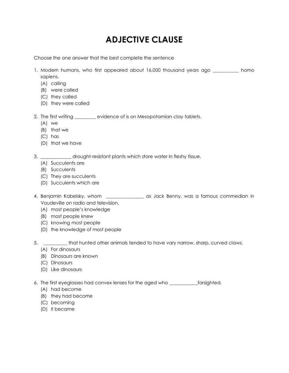 The Adjective Clause Worksheet Teach nology Worksheets Library