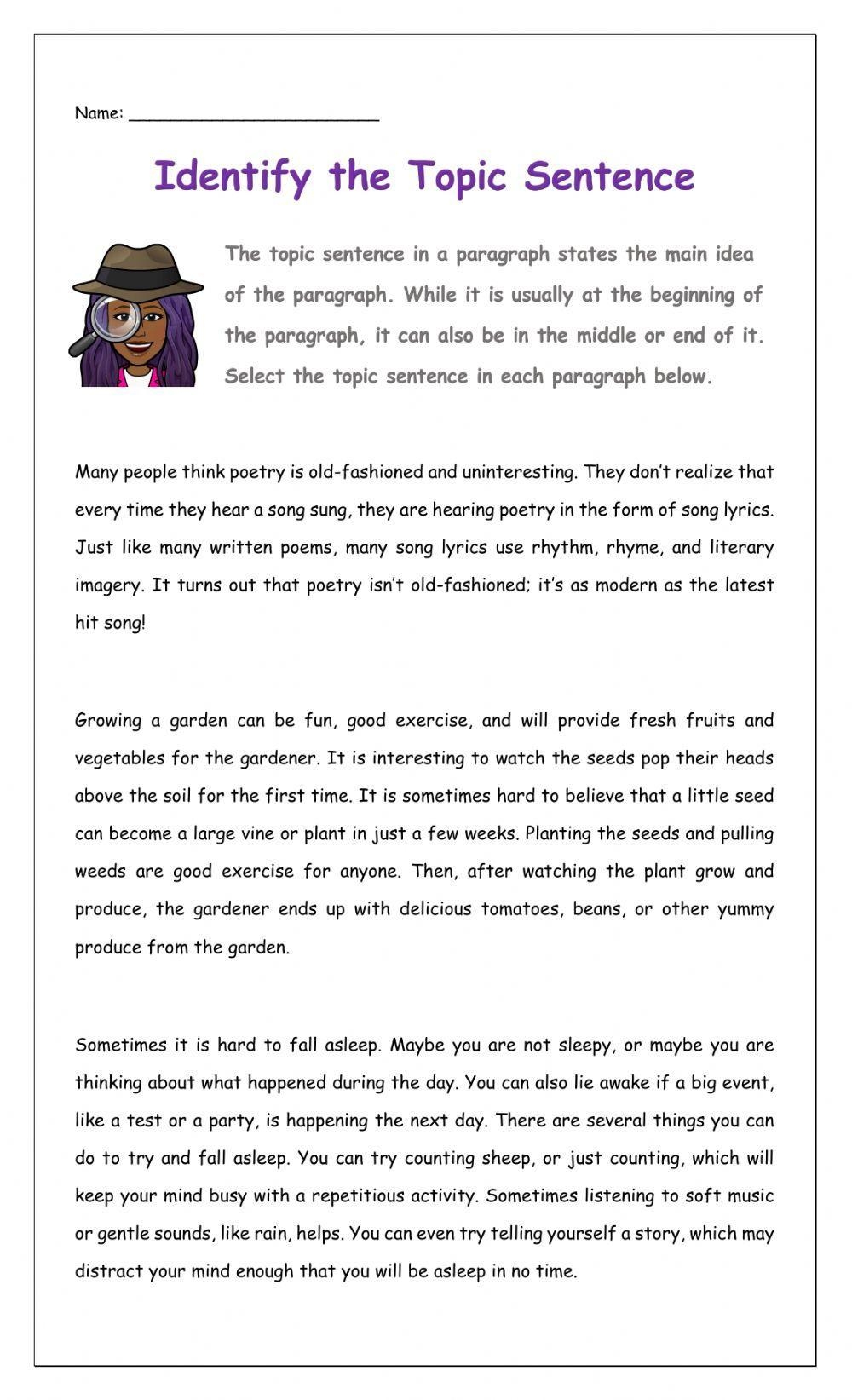 Topic Sentences By Oclarky1 Worksheet Live Worksheets Worksheets 