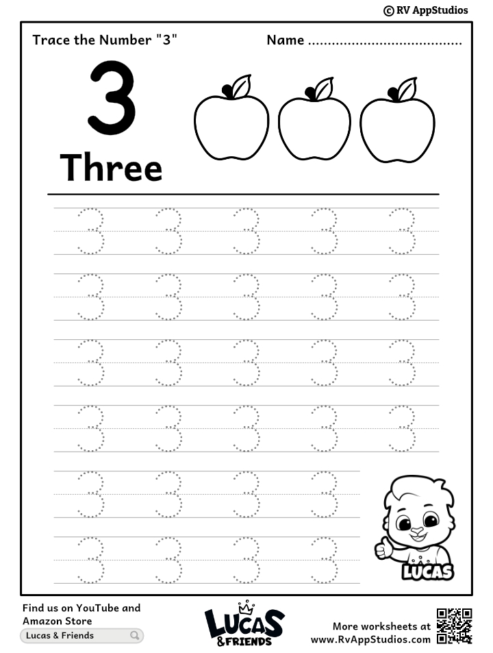 Trace Number 3 Worksheet For FREE For Kids Worksheets Library