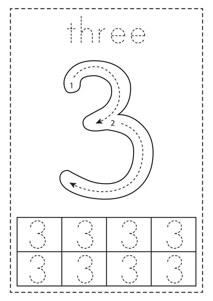 Tracing Number Three Preschool Worksheet