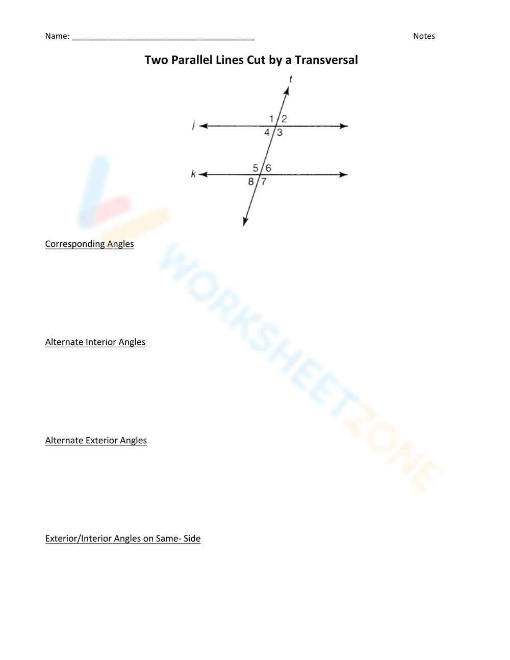 Two Parallel Lines Cut By A Transversal Worksheet Worksheets Library