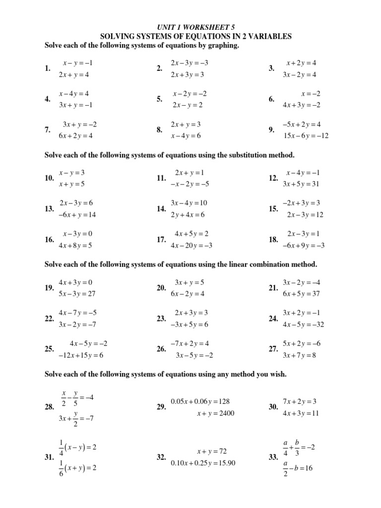 Unit 1 Worksheet 5 Systems Of Equations 2 Variable 231028 210357 