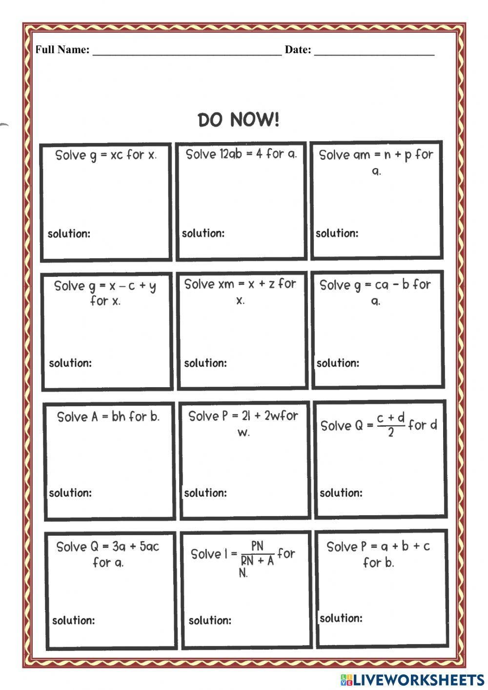 WCA1R Literal Equations Worksheet Live Worksheets Worksheets Library