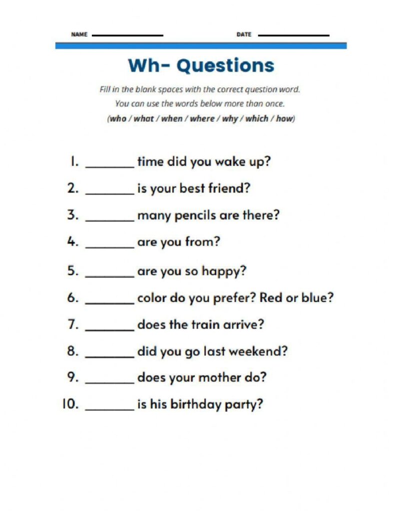 Wh Question Worksheet - Download Free Printable Templates