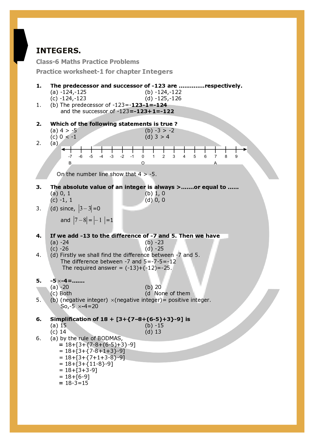 Worksheet 1 For Chapter Integers Class 6 Maths PW
