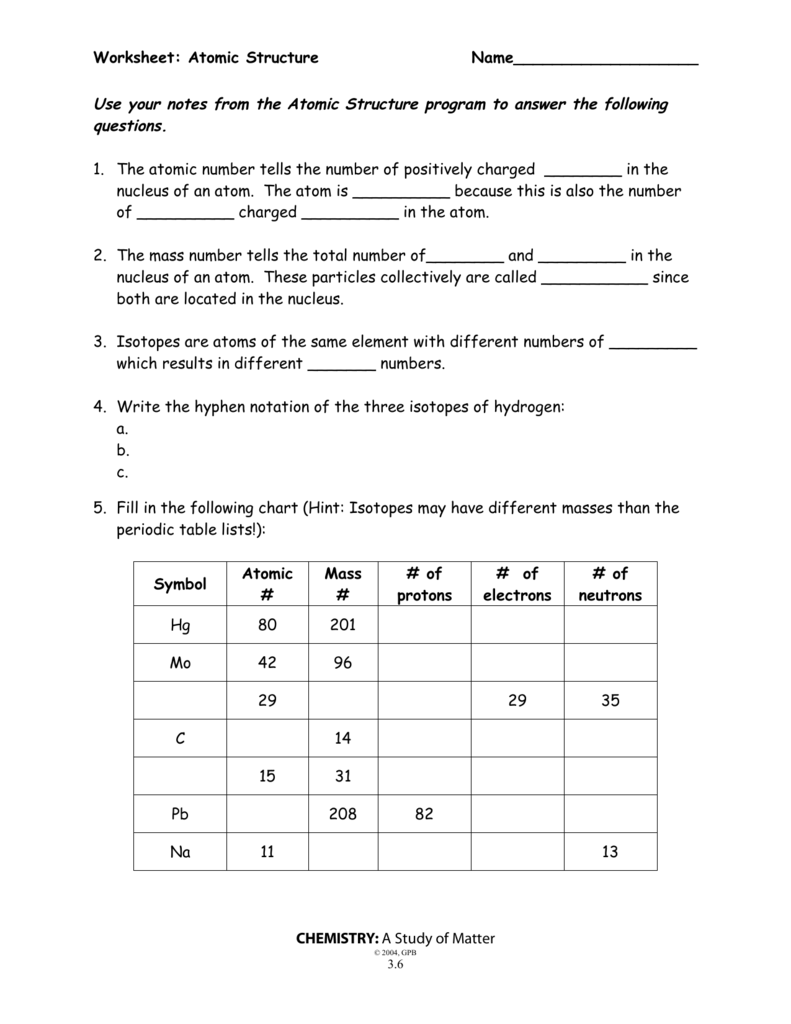 Worksheet Atomic Structure Answers E streetlight
