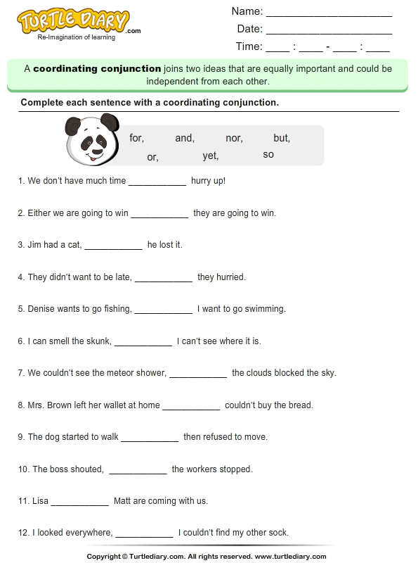 Worksheet For Coordinating Conjunctions Conjunction Worksheets
