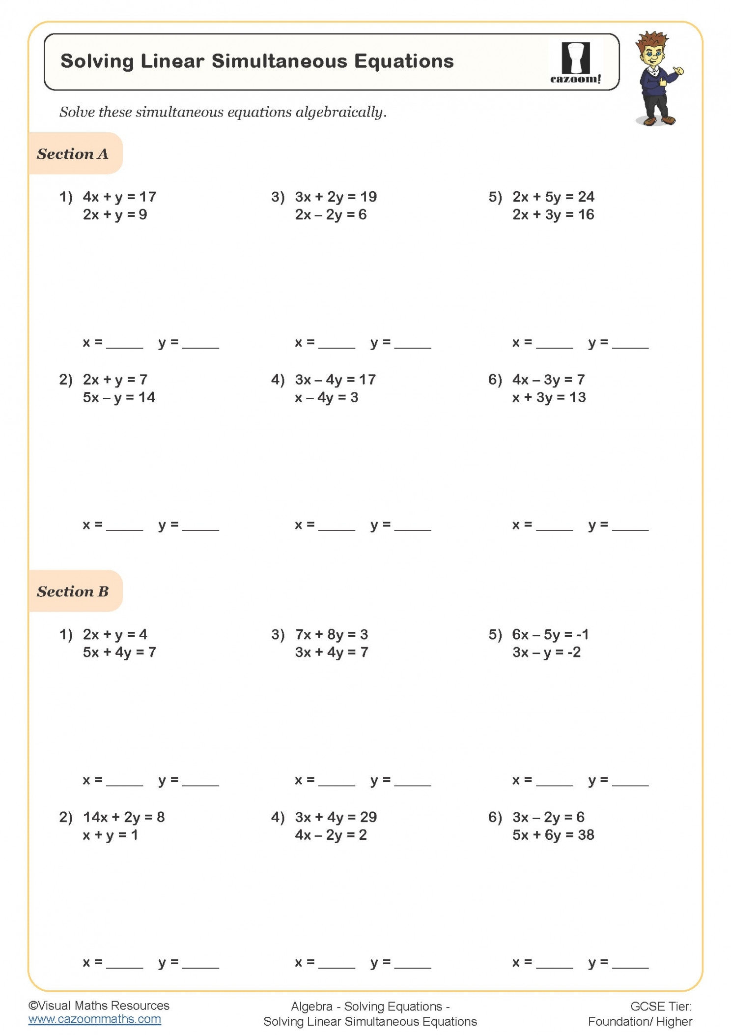 Worksheet On Simultaneous Equations Printable PDF Template