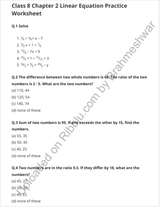 Worksheets For Linear Equations In One Variable Class 8